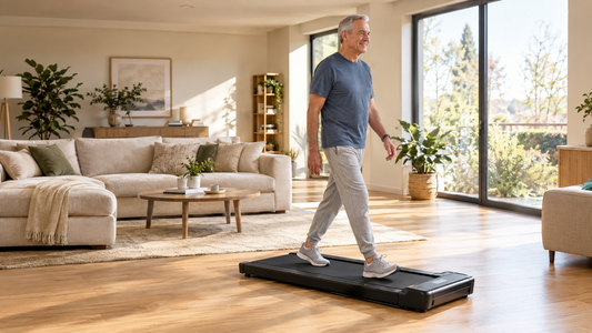 Senior utilisant un tapis de marche compact dans son appartement