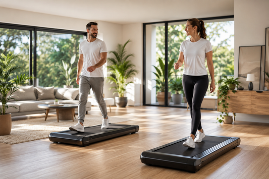 Homme et femme marchant avec le sourire sur un tapis de marche dans un intérieur moderne et lumineux.