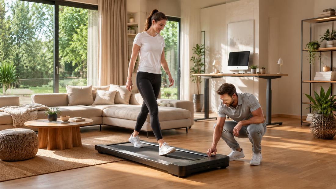 Personne utilisant un tapis de marche premium dans un salon moderne lumineux en 2026.
