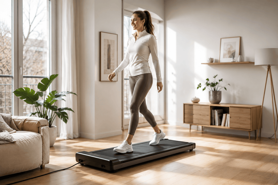 Tapis de marche compact installé dans un appartement moderne avec espace réduit