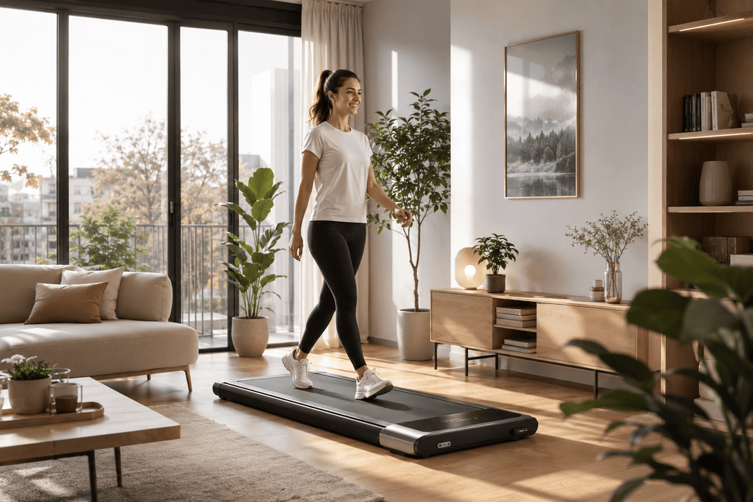 Femme marchant sur un tapis de marche dans un salon moderne pour perdre du poids.